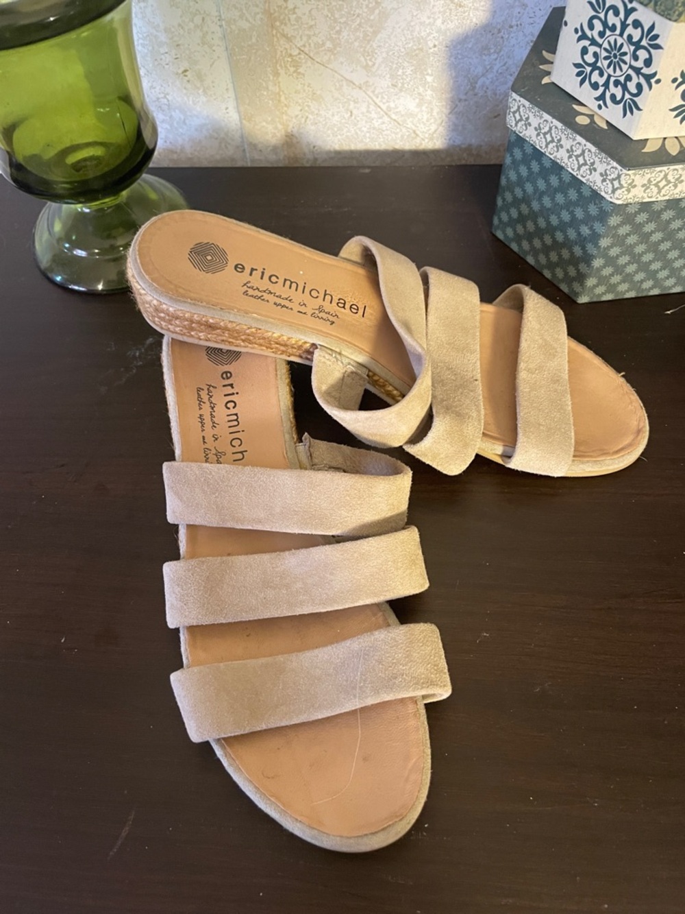 Eric Michael Beige Suede Triple-Strap Slide Sandals